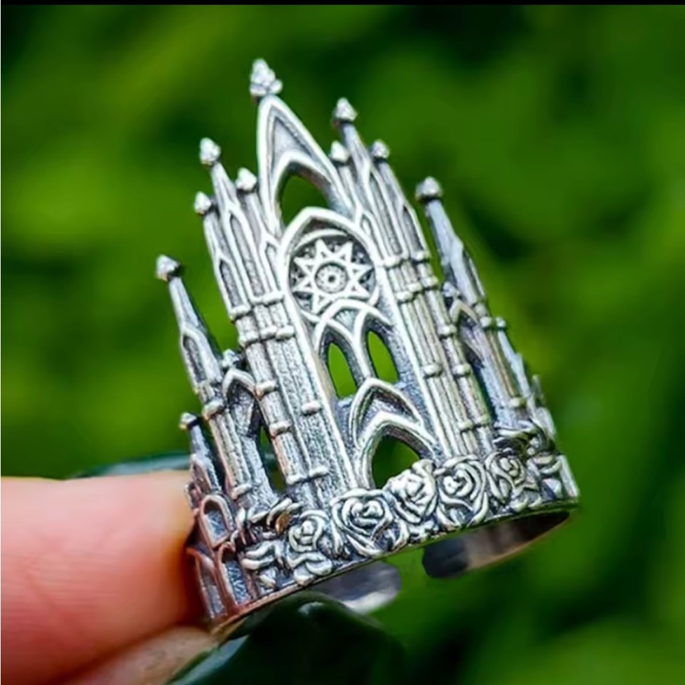 Gothic Cathedral Silver Ring Castle Goth Rose Vintage style timeless jewelry